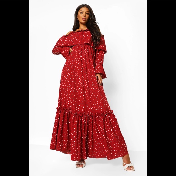 Boohoo Polka Dot Cold Shoulder Ruffle Maxi Dress🖤 - Picture 2 of 11